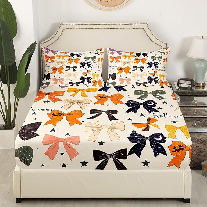 Halloween Bowknots Bedding Set Twin Size Cartoon Bow-tie Starry Moon Glitter Beige Bed Set for Teens Kids Sheet Princess Bow Dreamy Girly Bed Cover(1 Fitted Sheet+1 Pillow Case)