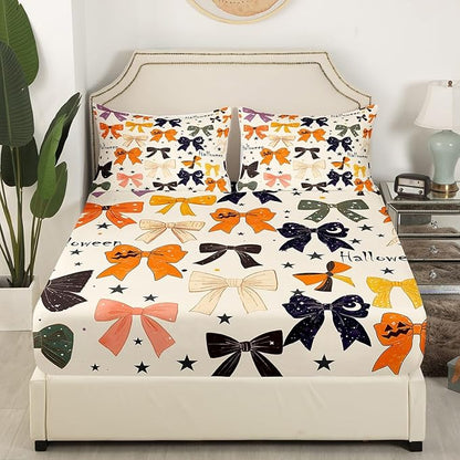 Halloween Bowknots Bedding Set Twin Size Cartoon Bow-tie Starry Moon Glitter Beige Bed Set for Teens Kids Sheet Princess Bow Dreamy Girly Bed Cover(1 Fitted Sheet+1 Pillow Case)