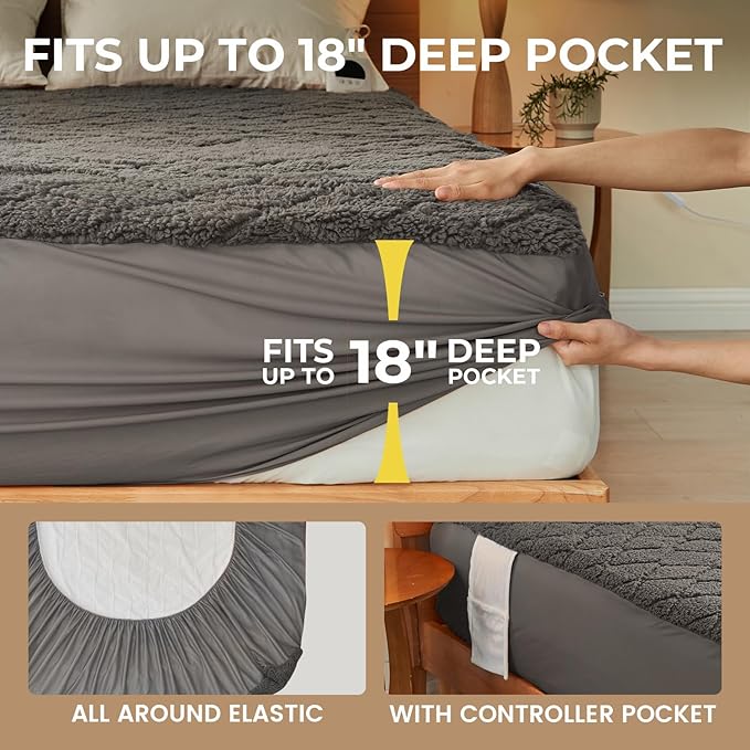 Electric Heated Mattress Pad 78x80IN Dual Controllers Heating Mattress Pad King Size 6 Heat Settings 1-9-Hour Timer Auto-Off Deep Pocket Machine Washable FCC&ETL Certificated Moonbeam Gray
