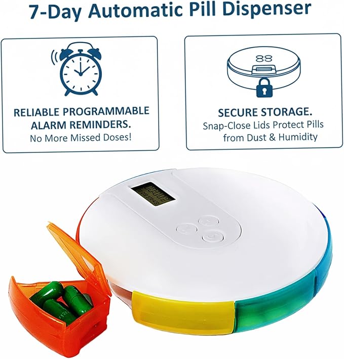 Automatic Pill Dispenser, 7 Day Pill Organizer with Large Digital Display & Alarm, Portable Travel Medicine Box for Vitamins & Medications Colorful, Ich Dekor