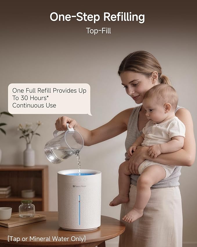 SP SpacePlayer Wireless Humidifier for Bedroom Large Room, 3L Top Fill Cool Mist Ultrasonic, 4000mAh Rechargeable (Cordless), 4 Modes, 23-28dB Quiet, 8H Timer Auto-Off, BPA-Free, Easy Fill Clean