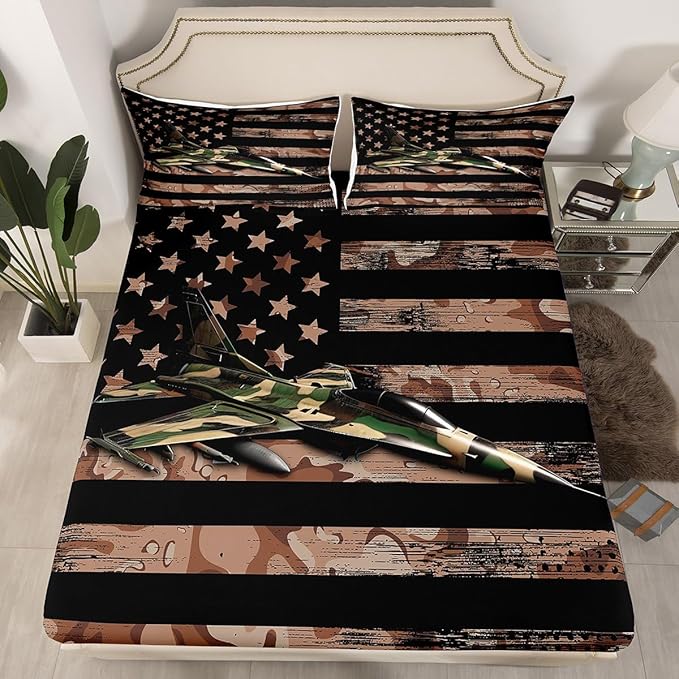Manfei Airplane Sheet Set King Size, Army Camouflage Aircraft Bedding Set for Kids Boys Adults, Brown Camo American Flag Bed Sheet Set 4pcs with Deep Pocket Fitted Sheet + Flat Sheet + 2 Pillowcases