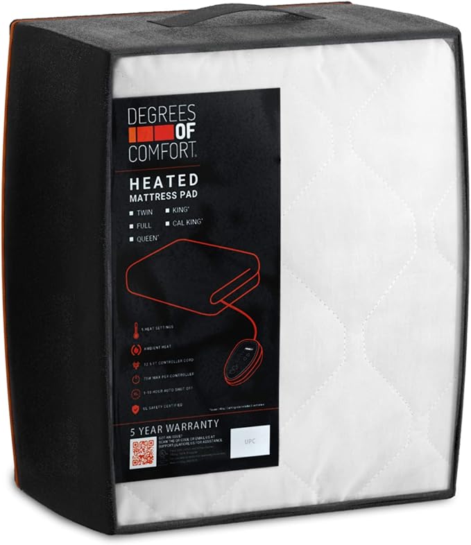 Degrees Of Comfort Twin XL Heated Mattress Pad | Zone Heating Electric Bed Warmer W/Auto Shut Off | Fit Up to 15 Inch | 12.5ft Long Cord - 39x80 Inch, White