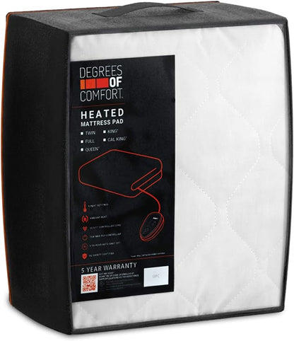 Degrees Of Comfort Twin XL Heated Mattress Pad | Zone Heating Electric Bed Warmer W/Auto Shut Off | Fit Up to 15 Inch | 12.5ft Long Cord - 39x80 Inch, White