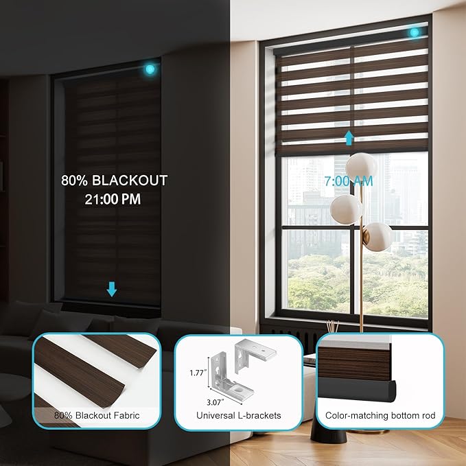 Motorized Zebra Blinds with Remote Smart Blind Work with Homekit Alexa SmartThings Electric Day and Night Shade Cordless Automatic Solar Powered Window Shade Customize(Wooden Texture Brown)