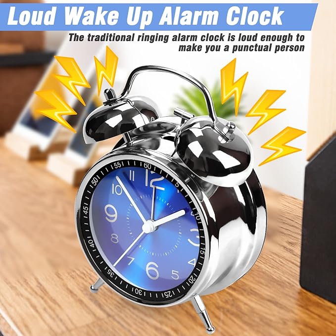 Super Loud Alarm Clock for Heavy Sleepers Adults,Twin Bell Retro 4 Inch Silent Non-Ticking Quartz with Backlight, Metal dial, Alarm Clocks for Bedrooms Bedside (Blue)