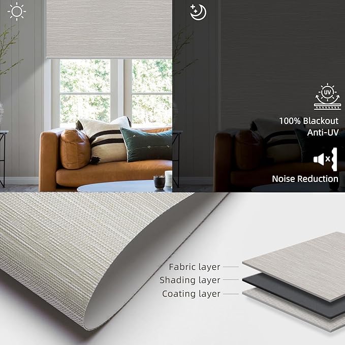 SmartWings Motorized Roller Shades Work with Homekit, 100% Blackout Smart Blinds for Windows, Cordless Remote Control Window Shades, Essential Cream, Customized Size