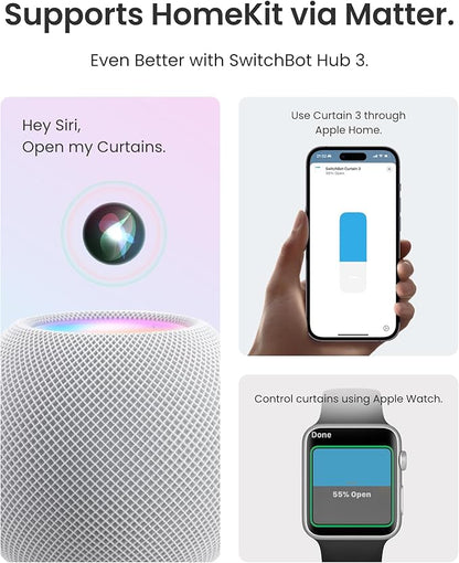SwitchBot 2025 Automatic Curtain Opener 3 Rod-Bluetooth Remote Control, WiFi&Smartphone Control, Upgraded High-Performance, Add Hub to Compatible with Alexa, Google Home, HomeKit
