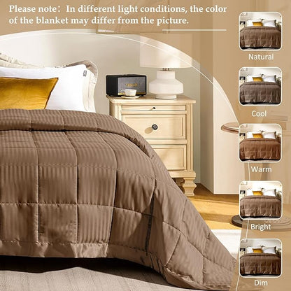 downluxe Queen Size Blanket with Satin Trim, Lightweight Down Alternative Blankets Queen Size for All Season, Machine Washable (Brown, 90x90 Inch)