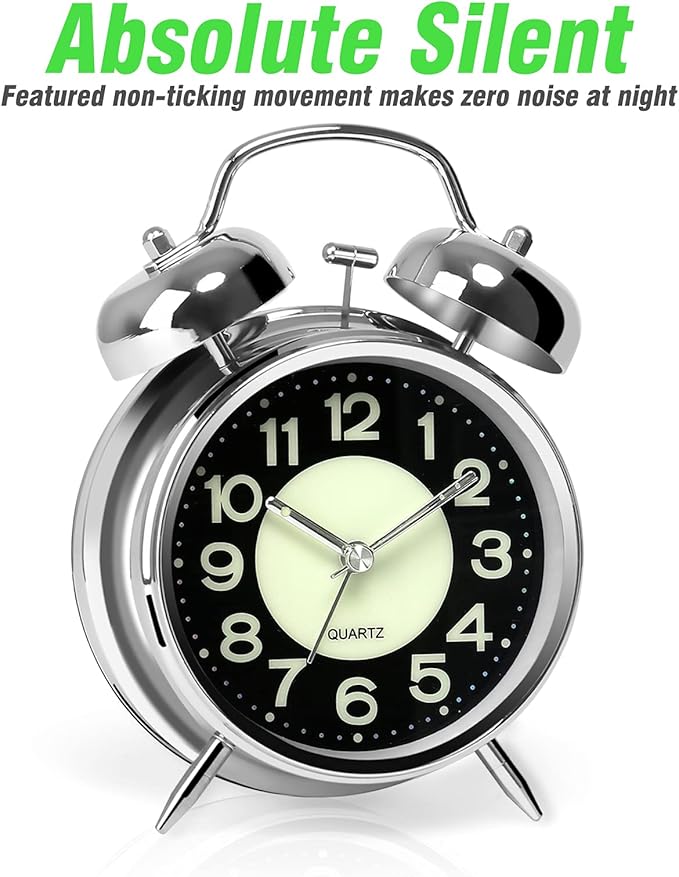 AYRELY® Super Loud Alarm Clock for Heavy Sleepers Adults,Twin Bell Retro 4 Inch Silent Non-Ticking Quartz with Backlight, Luminous dial, Alarm Clocks for Bedrooms Bedside (Silver)