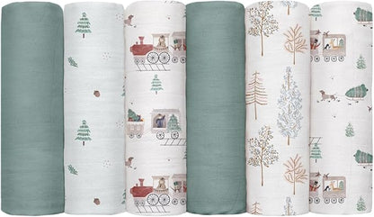 GLLQUEN BABY Receiving Blanket Boy Cotton Muslin Swaddle Blankets Girl Newborn Squares Breathable & Soft Thin Baby Blankets Cloths Double Absorbent Infant Swaddling Wrap - 6 Pack (Pine Tree & Train)