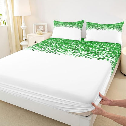 Pixelated Game Kids Full Size Fitted Sheet,Geometric Check Video Games Room Decor,Gamepad Grid Abstract Gaming Boys Girls Bed Sheets,Green White Bedding Set,2 Pillowcases(No Flat)