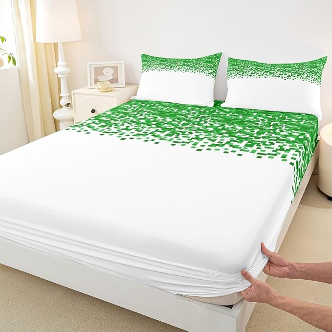 Pixel Check Kids Queen Size Fitted Sheet,Video Games Geometric Lattice Boys Girls Bed Sheets,Game Cartoon Gamepad Room Decor,Green Bedding Set,2 Pillowcases(No Flat)