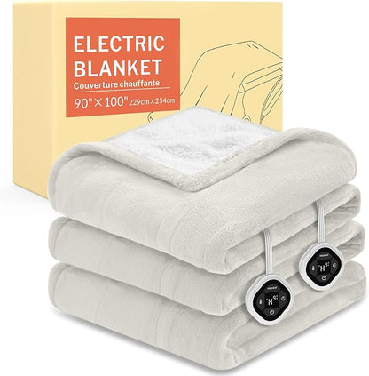 HOMLYNS LuxeHeat Heated Blanket Electric Blanket King Size, Soft Flannel Sherpa Heating Blanket with 10 Heat Settings, 1-10 hrs Timer Auto Shut Off (90x100 inches, Cream)