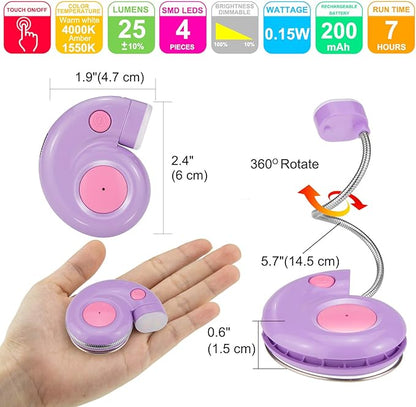 Kids Rechargeable Book Light, Clip on Reading Light for Kid, Kids Reading Lights, Amber Book Light for Reading in Bed, 2 Lighting Modes, Blue Light Blocking, Bookmark Light for Bookworms-Violet