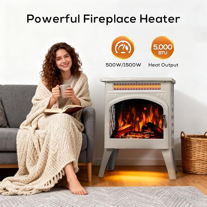 ZAFRO 21" Freestanding Electric Fireplace with Remote, Fireplace Space Heater with Adjustable Flame Color and Brightness, Thermostat/Sleep Mode/Overheat Protection for Bedroom, Living Room(Beige)