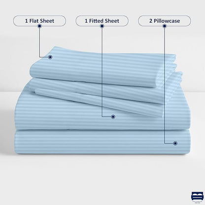 Light Blue Stripe 4 Piece Cot Bed Linen Set - 1 Fitted Sheet 33" x 75", 1 Flat Sheet 64"x 94", 2 Pillow Cases 20"x 30" Perfect for Guest Beds