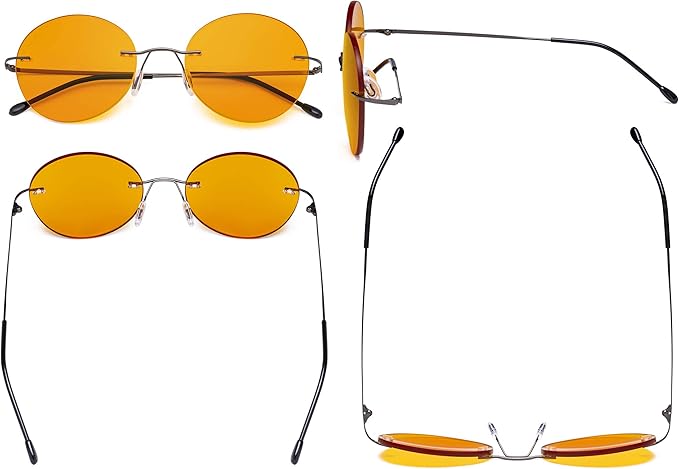 Eyekepper Frameless Blue Light Blocking Glasses with Orange Tinted Lens for Sleeping - Round Rimless Computer Reading Glasses Men Women Gunmetal +1.00