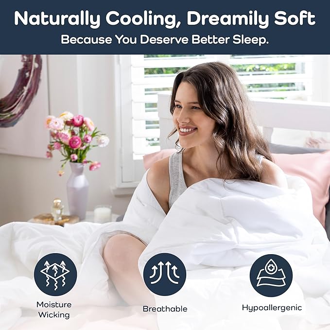Olive + Crate Cooling Down Alternative Comforter - Hypoallergenic Queen Size Duvet Insert Lightweight - All Seasons Plush Design Bamboo Comforter - 100% Bamboo Viscose Outer Cover - White 88"x90"