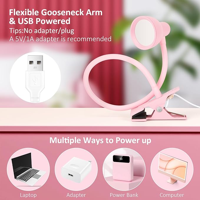 Pink Small Desk Lamp Clip on Reading Light for Bed 3 Colors 10 Brightness Dimmable Flexible Gooseneck Clip on Light for Bed Headboard College Dorm Room