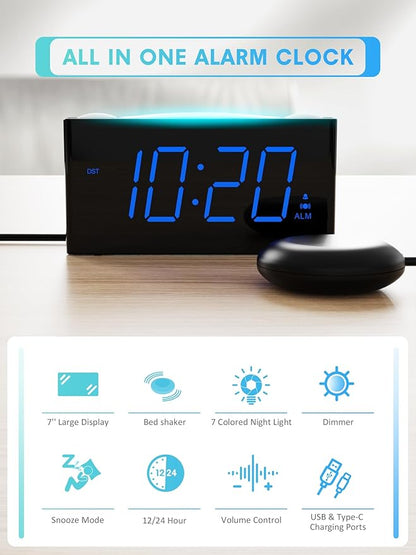 ROCAM Extra Loud Alarm Clock with Bed Shaker, Vibrating Alarm Clock for Heavy Sleepers Deaf Hearing Impaired, 7" Large Display, Dual USB Charger, 7 Color Night Light, Dimmer, Snooze & Battery Backup