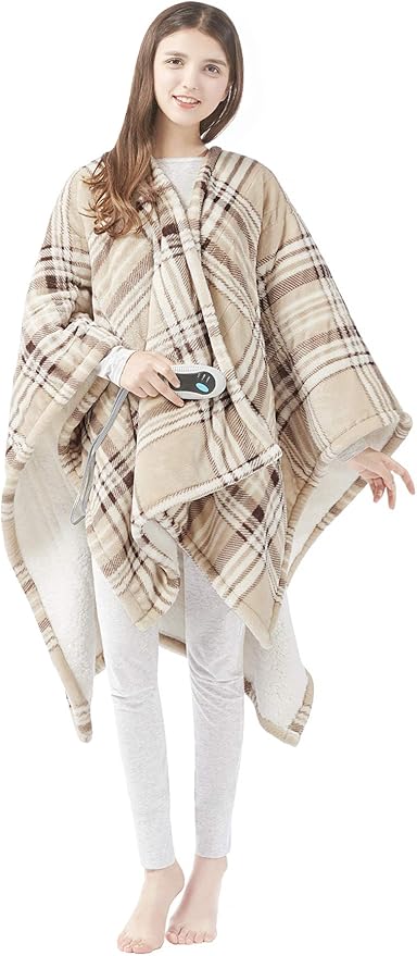 Beautyrest Wearable Electric Poncho Wrap Blanket, Ultra Soft Sherpa & Berber Fleece Heated Throw, UL Certified & OEKO-TEX, 3 Heat Settings & 2 Hour Auto Shutoff, Gift-Ready, 50" x 64", Tan Plaid