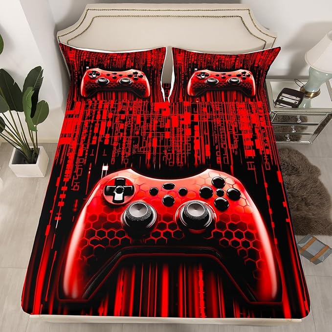 Manfei Gaming Gamepad Kids Sheet Full Size,Neon Light Geometric Honeycomb Hexagon Bedding Set,Boys Girls Room Decor,Modern Videogames Controller Red Bed Sheet Set 4pcs(Fitted + Flat + 2 Pillowcases)