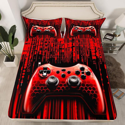 Manfei Gaming Gamepad Kids Sheet Full Size,Neon Light Geometric Honeycomb Hexagon Bedding Set,Boys Girls Room Decor,Modern Videogames Controller Red Bed Sheet Set 4pcs(Fitted + Flat + 2 Pillowcases)