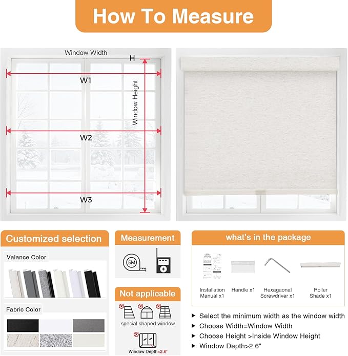 AOSKY No Drill Cordless Blackout Roller Shades with Valance,Customize Blinds for Indoor Windows,Room Darkening Window Shades Pull Down with Free-Stop Spring System, UV Protection for Home Linen Cream