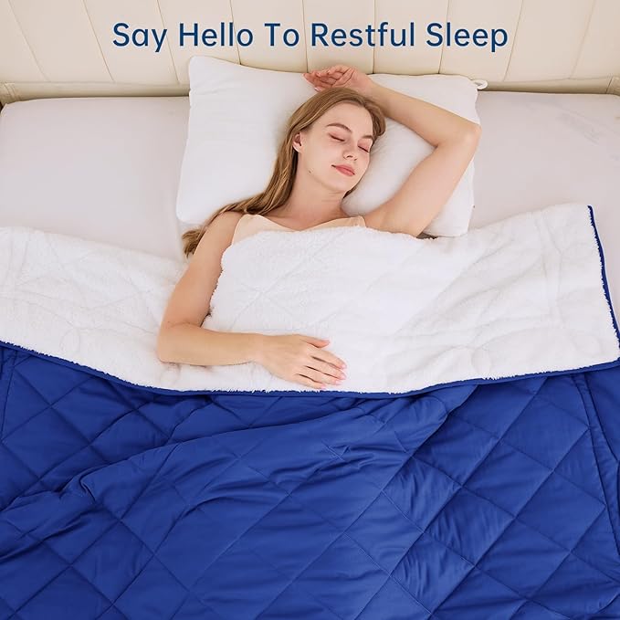 OMYSTYLE Sherpa Reversible Weighted Blanket, Cooling Heavy Blanket for Adults, Reversible Design with Plush Sherpa Fleece and Velvety Brushed, King Size(25lbs, 88''x104''), All Season Use, Blue