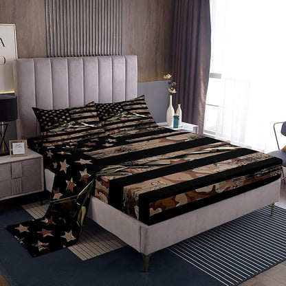 Manfei Airplane Sheet Set Queen Size, Army Camouflage Aircraft Bedding Set for Kids Boys Adults, Brown Camo American Flag Bed Sheet Set 4pcs with Deep Pocket Fitted Sheet + Flat Sheet + 2 Pillowcases
