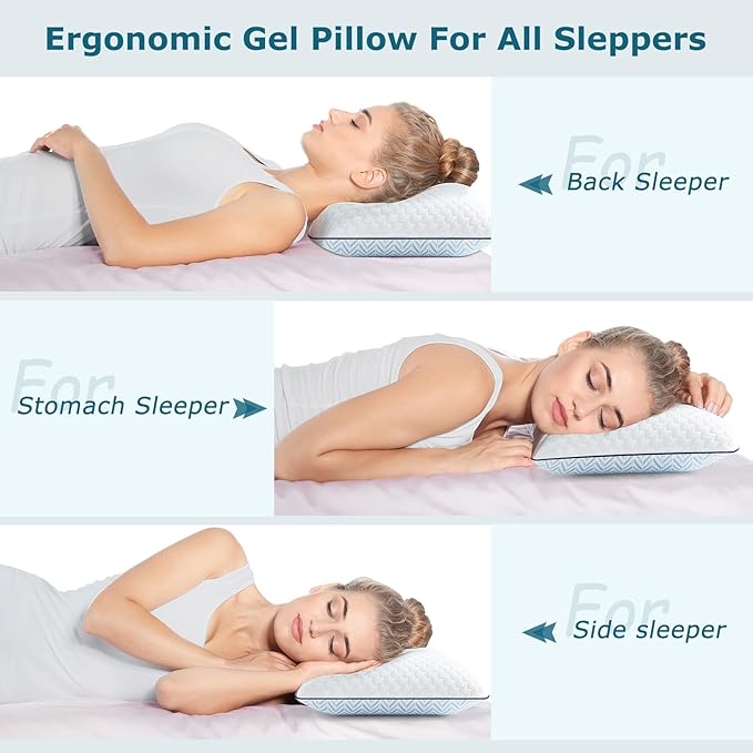 Gel Memory Foam Pillows Standard Size Set of 2, Medium Firm Orthopedic Pillow for Neck, Shoulder Pain Relief, Cooling Support for Side, Back, Stomach Sleepers, Breathable Washable Cover