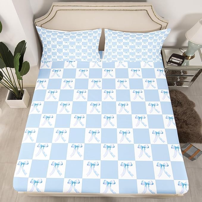 Blue Bowknot Bedding Set Twin Size Dreamy Bow Minimalist Grids Plaids Geometric Bed Set for Teens Kids Sheet Microfiber Princess Style Blue White Bed Cover(1 Fitted Sheet+1 Pillow Case)