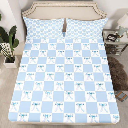 Blue Bowknot Fitted Sheet Queen Size Dreamy Bow Minimalist Grids Plaids Geometric Bedding Sheet Set,Princess Style Blue White Bed Cover Ultra Soft Breathable Bedding 3 Pcs