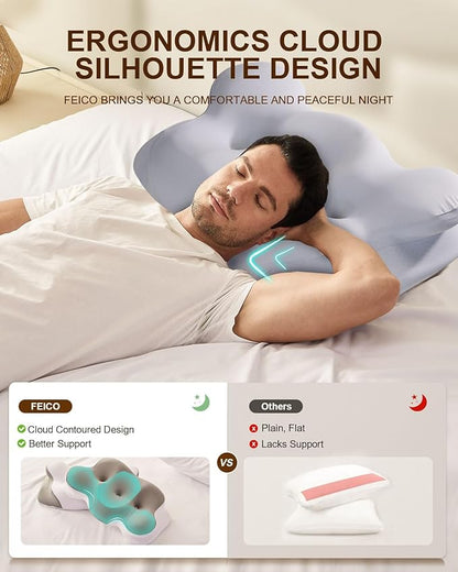 Cervical Neck Pillow for Pain Relief, Ergonomic Contour Memory Foam Pillow Side Sleeper Pillow for Neck Support,Odorless Pillow with Cooling Pillowcase
