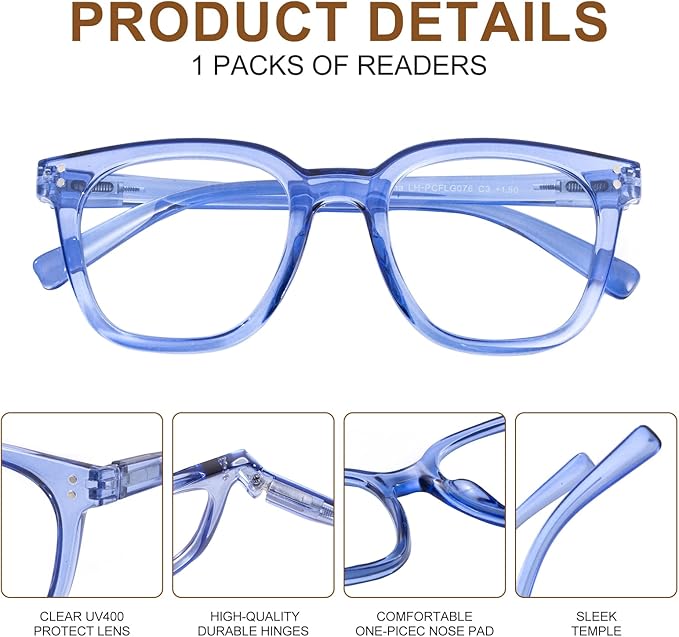 Reading Glasses for Men Women Blue Light Blocking with Spring Hinge, Blocking Readers Anti UV Ray Filter Eyeglasses, Square Computer Reader Glasses, Blue, +0.0