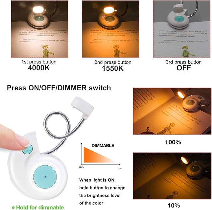 Kids Rechargeable Book Light, Clip on Reading Light for Kid, Kids Reading Lights, Amber Book Light for Reading in Bed, 2 Lighting Modes, Blue Light Blocking, Bookmark Light for Bookworms-White