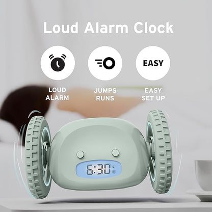 CLOCKY Alarm Clock on Wheels – Loud Rolling Alarm Clock for Heavy Sleepers | Runaway Clock That Jumps & Runs to Wake You Up | Funny Unique Gift for Adults, Teens & Kids Bedrooms (Sage)