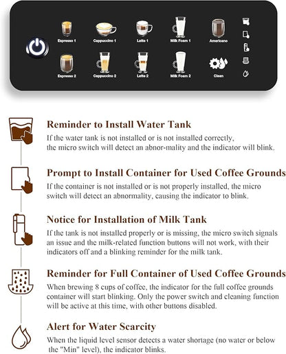Automatic Espresso Machine Coffee Maker 12 Cup with Grinder Cappuccino Latte Americano Machine with Milk Frother for Home/Office (Gray)