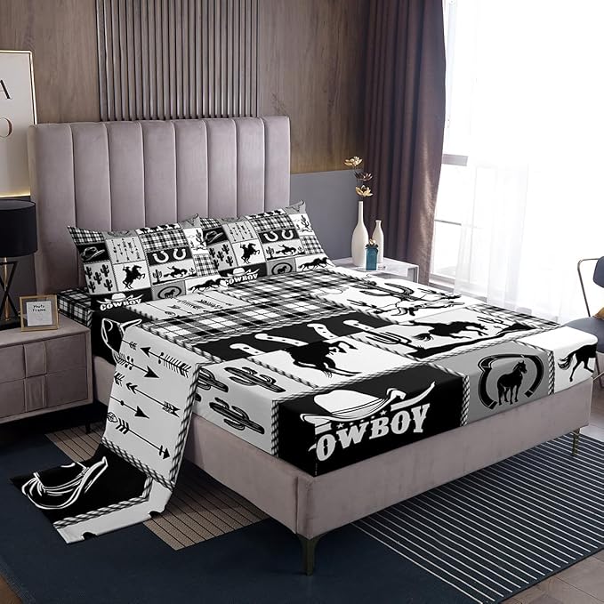Western Cowboy Kids Sheet Twin Size,Cactus Geometric Plaids Patch Bedding Set,Boys Girls Adults Room Decor,Horseshoe Rustic Farmhouse Black Retro Bed Sheet Set 3pcs(Fitted + Flat + 1 Pillowcase)