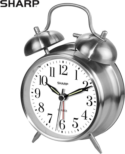 Sharp Twin Bell Alarm Clock - Loud Alarm - Great for Heavy Sleepers - Battery Operated Quartz Analog Clock (Brushed Silver)