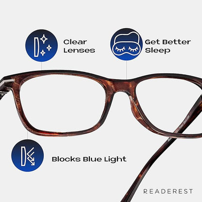 Readerest Blue Light Blocking Glasses – Thin Reflective Lens, Anti-Glare Computer Eyeglasses, UV Protection, Eye Strain Relief (Bourbon Tortoise, 1.0 Magnification)
