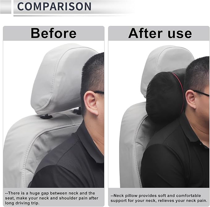 Car Headrest Pillow Ergonomic Comfortable Neck Pillow Neck Support Pillow Flannel, Memory Foam Adjustable Width Black 2 Pcs for Driving Travel