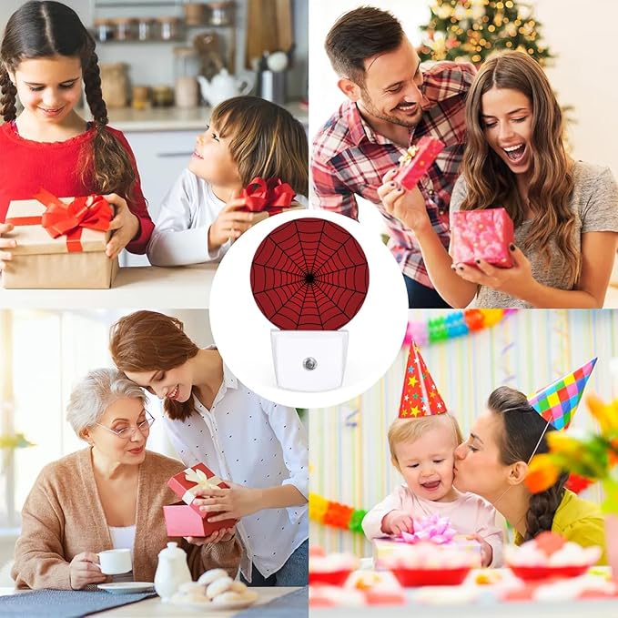 Red Spider Web Plug-in Led Night Light with Auto Dusk to Dawn Sensor for Boys Girls Room Decor, Wall Lamp Nightlights for Hallway,Bedroom, Kids Room, Kitchen, Stairway, (0.5W, 2 Pack)