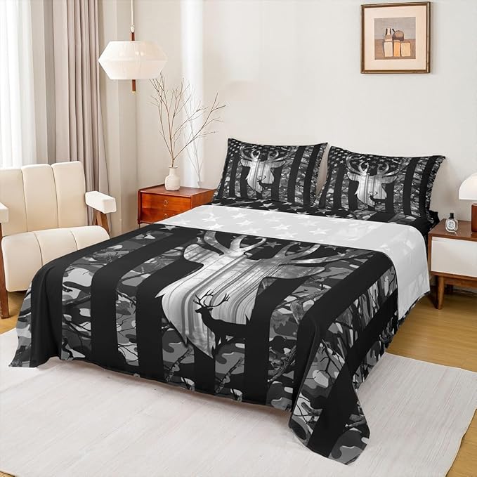 Deer Antlers Silhouette Sheet Set Queen,Camouflage American Flag Bedding Set for Kids Teens Adults, Camo Wild Animal Natural Bed Sheet 4pcs with Deep Pocket Fitted Sheet + Flat Sheet + 2 Pillowcases