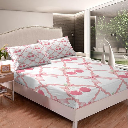 Cherry Bow Bed Sheet Set Home Decor Sweet Tropical Fruits Dreamy Bowknot Pink White Sheet Sets Deep Pocket,Fairy Princess Crossed Grids Patchwork Mattress Cover,Twin Size with 1 Pillowcase