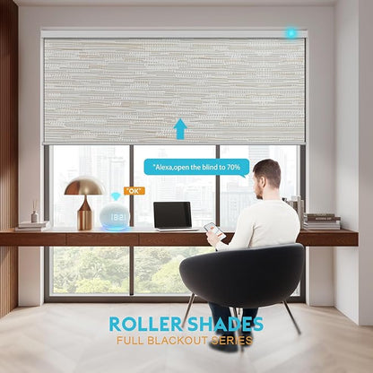 Motorized Blinds with Remote, Smart Blind Roller Shades Compatible with Alexa, Durable Rechargeable Battery Solar Power Electric Window Blinds Customized Size (Jacquard Beige)