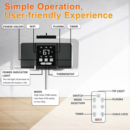 HEATIT Space Heater with Remote for Indoor, Digital Display with Thermostat，Containing Plasma & Ozone, 1-12H Timer,1500W/750W, Electric Space Heater for Office, Bedroom,Black,10.6"Dx7.0"W x 11.8"H