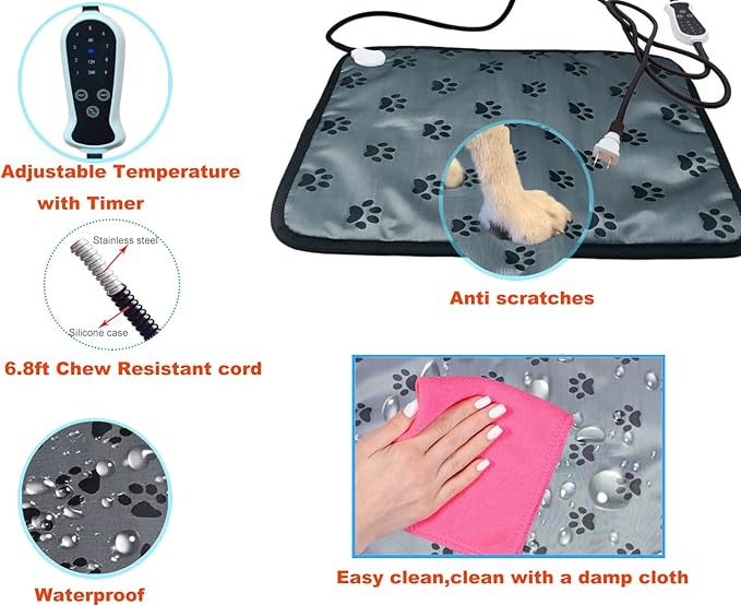 Pet Heating pad 34"x21" Large Dog cat Heating pad Heated ped beds Dogs House Heater Electric Warming pad for Puppies with Timer,Chew Resistant Cord,Easy Clean,Waterproof
