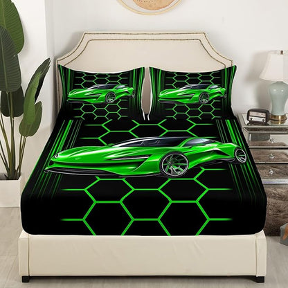 Racing Car Theme Bedding Set Twin Size Honeycomb Geometric Bed Set for Teens Bedroom Decor Kids Sheet Microfiber Extreme Sports Bed Cover(1 Fitted Sheet+1 Pillow Case)